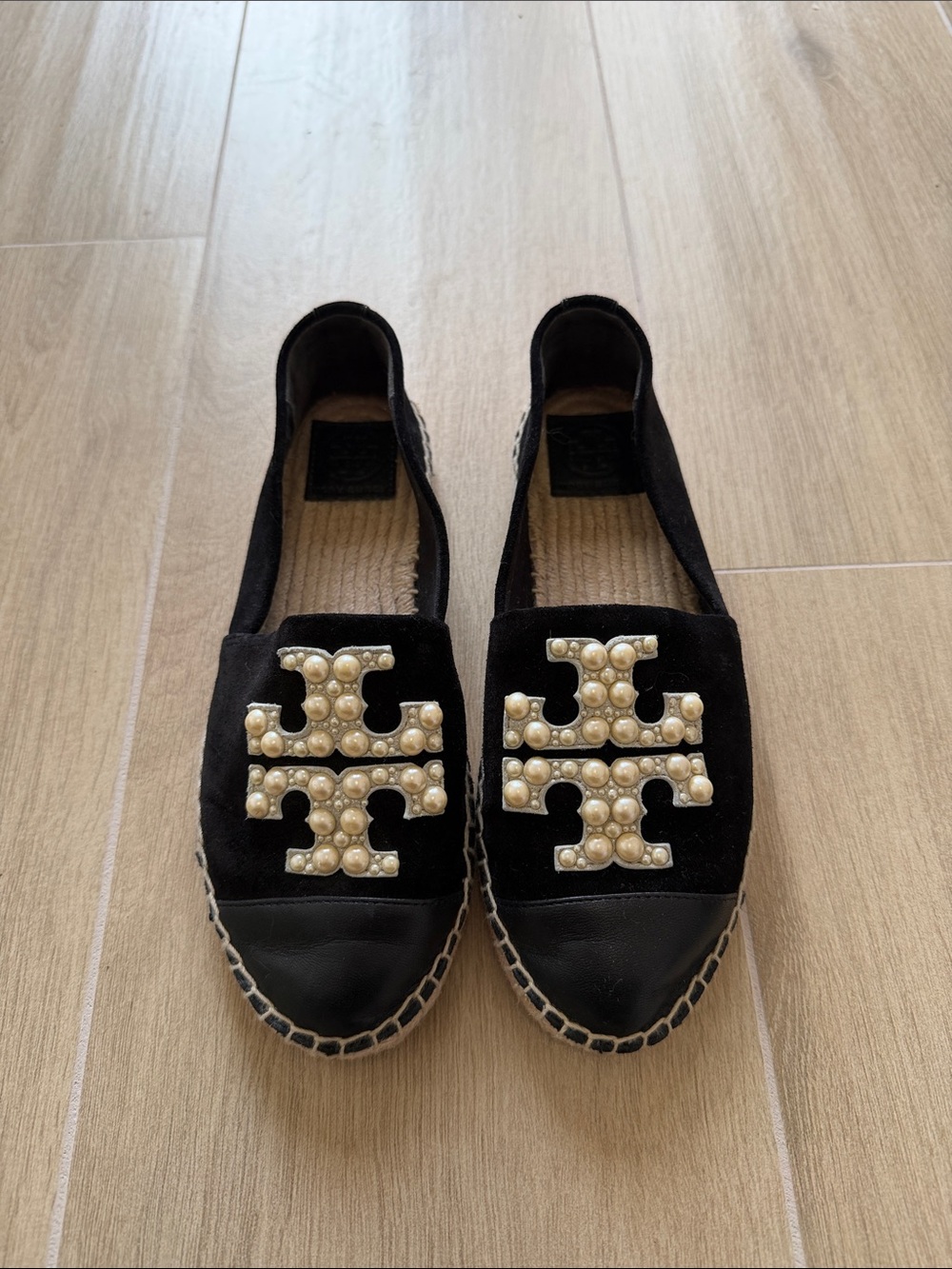 Tory Burch Black Pearl-Embellished Espadrille Flats
